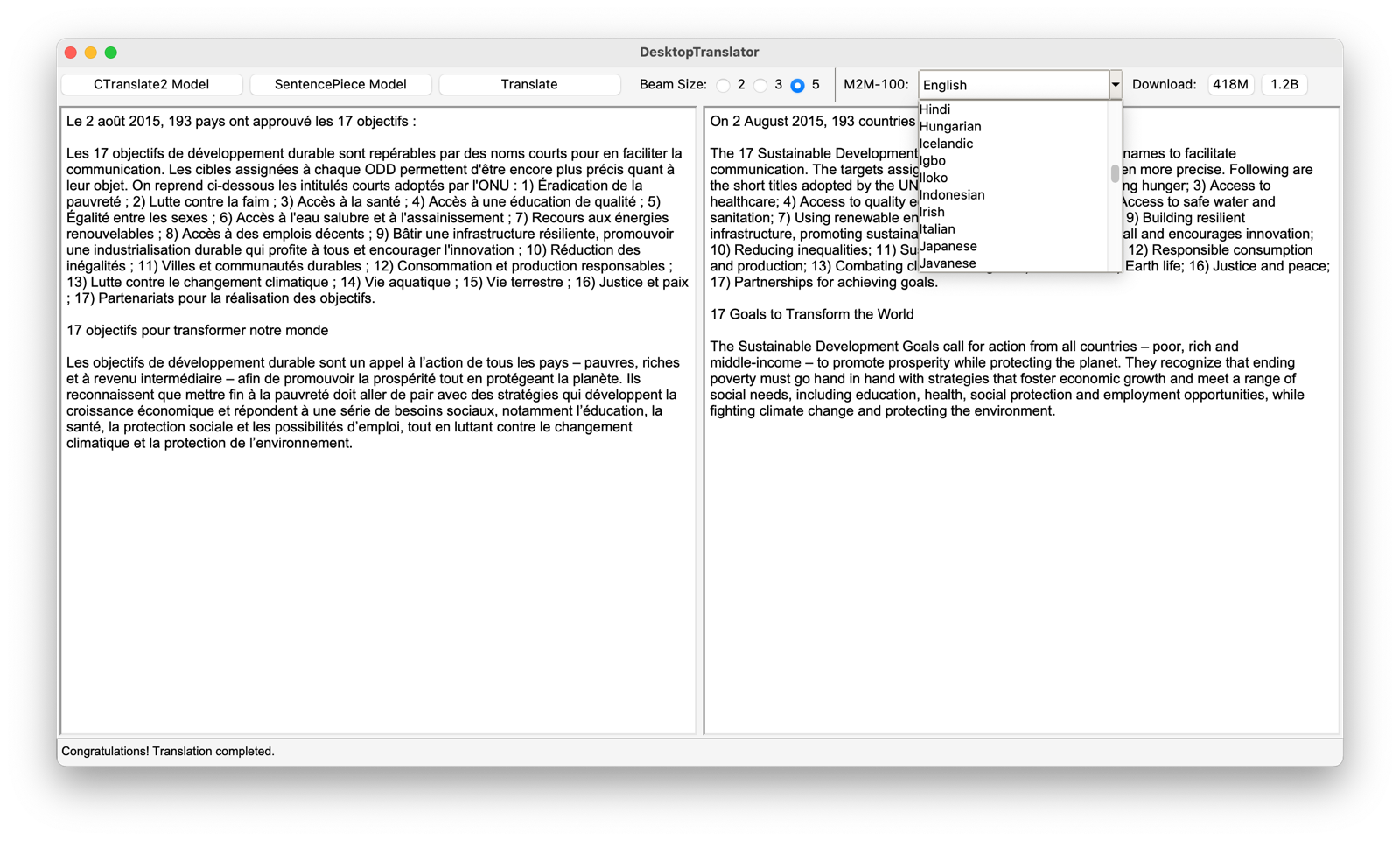 DesktopTranslator on macOS, translating French text into English with the M2M-100 language list open